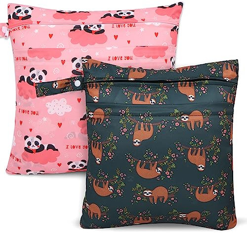 SANFERGE Lot de 2 sacs à couches en tissu imperméables réutilisables avec 2 poches à fermeture éclair et poignée - Sacs à linge lavables pour vêtements de bébé et adulte - Pour voyage, plage, piscine,