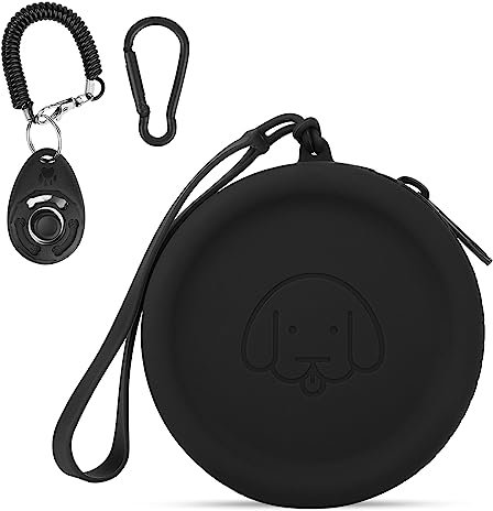 WALLFID Silicone Dog Treat Pouch Small Bag,with Pet Training Clicker,Walking Bag for Dog and Cat, Pocket Size, Easy to Clean, Odorless, Zipper Design,Moisture-proof,Travel Walking Bag (black)