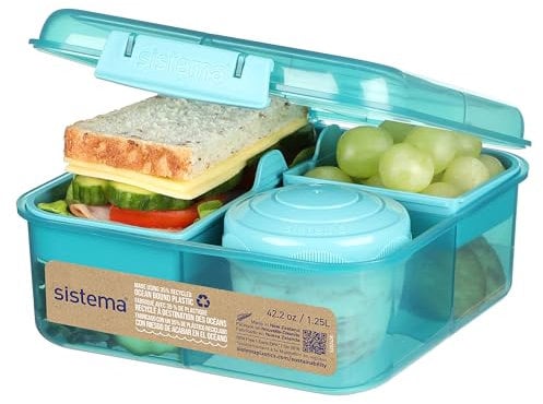 Sistema TO GO fiambrera bento | Fiambrera con tarrina para yogur o fruta | 1,25 l | Fabricado con plástico reciclado | Verde piedra