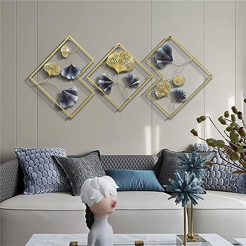 AXSDEJT Wanddeko Metall, Ginkgoblatt Wanddekor 3er Set Metallbild Schmiedeeisen Wandverzierung Goldenes Wandschmuck für Garten Wohnzimmer Schlafzimmer Esszimmer