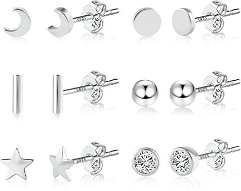 ASH'S CHOICE Ohrringe Silber 925 Ohrstecker Set, 6 Paar Ohrringe Silber Kleine Ohrstecker Damen, Ohrringe Set Schläfer Knorpel Ohrstecker Stern Mond Dreieck Kugel Ohrstecker Set Kleine für Mädchen