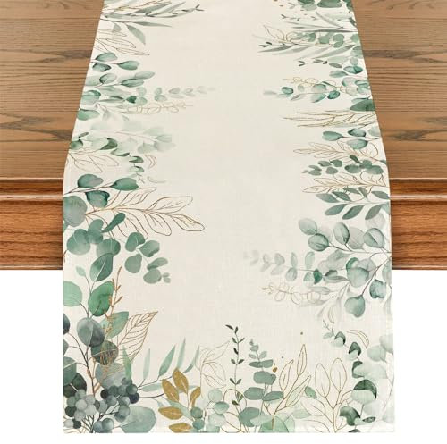 Grüner Eukalyptus Frühling Tischläufer Grünes Blatt Tischlaufer Sommer Küche Waschbar Esstisch Dekoration Tischdecke für Drinnen und Draußen Urlaub Party Wohnzimmer Dekor 40 x 140 cm