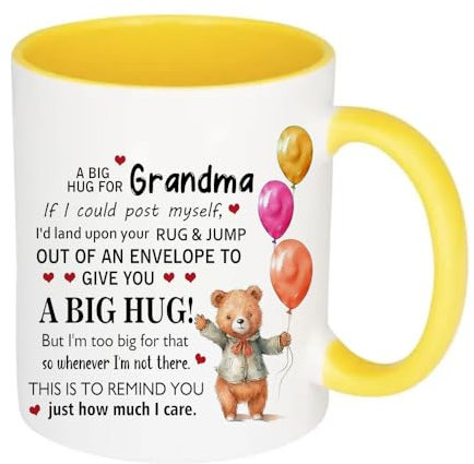 A Big Hug for Grandma, Mothers Day Gift for Grandmother, 11oz Inside Coloured Ceramic Mug. (Yellow)