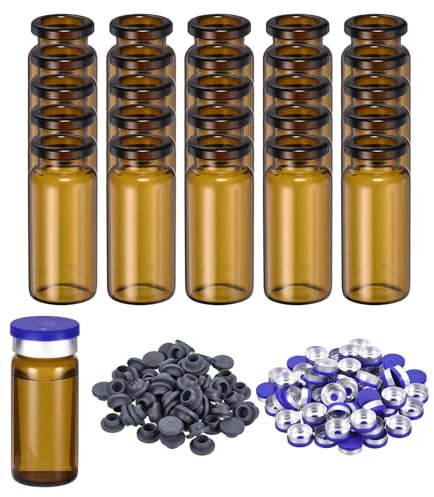 PATIKIL 10ml Glass Vials, 100pcs Glass Vial Small Glass Vials Empty Sample Bottle Mini Clear with Caps Seal Rubber Stopper Injection Port for Lab Injection Plants Essential Oil, Brown