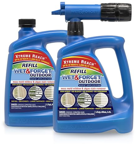 Wet & Forget Outdoor Stain Remover Multi-Surface Cleaner, Xtreme Reach Hose End with New & Improved Nozzle, 48 Fluid Ounces, 1 Pack + Refill