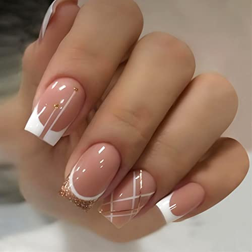 JUSTOTRY 24 Pcs White French Press on Nails Short Designs,Glossy Gold Glitter False Nails Square,Pretty Stick on Nails for Women and Teens,Squoval Fake Nail for Nail Art
