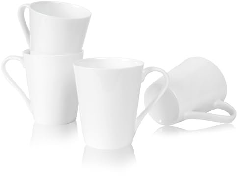 COSTMANCE 11 Oz Plain White Fine Bone China Coffee Mugs Set of 4, V-Shaped Latte Mug With Handle, DIY Mug Gift, White Ceramic Coffee Cups for Cappuccino, Hot Cocoa, Milk, Tea, Lightweight Coffee Mugs