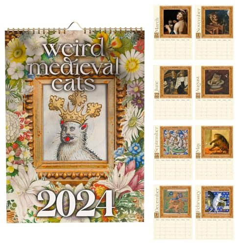 Shujin Weird Mittelalterliche Katzen Kalender 2024,Creative Ugly Weird Medieval Cats Calendar 2024,Lustige Katzen Wandkalender Monatlicher Wandkalender Geschenk für Katzenliebhaber,1PC