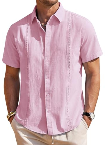 Chemise en lin à manches courtes boutonnée pour homme Style cubain Guayabera léger été plage solide