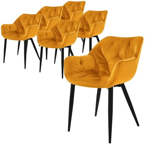 ML-Design Esszimmerstühle 6er Set Senfgelb, Küchenstuhl mit dickem Samtstoff gepolsterter Sitz, Metallbeinen, Wohnzimmerstuhl mit Rücken- und Armlehnen, Gesteppter Polsterstuhl, Ergonomischer Sessel