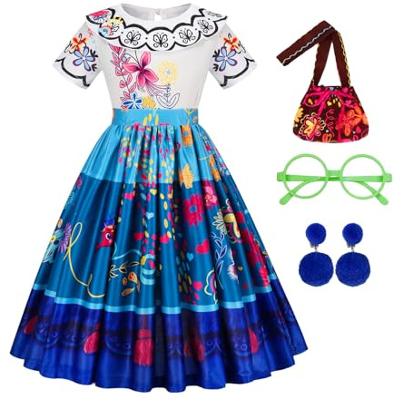 Gridamea Buntes Prinzessinnenkleid für Mädchen mit Tasche, Ohrringen und Brille – Kostüm Outfit für Hochzeit/Party/Geburtstag/Halloween/Cosplay
