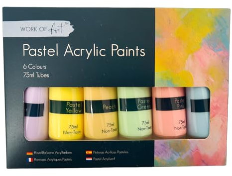 CELINO making your day Juego de 6 pinturas acrílicas en colores pastel, arte para principiantes, 75 ml, tubo de madera, lienzo