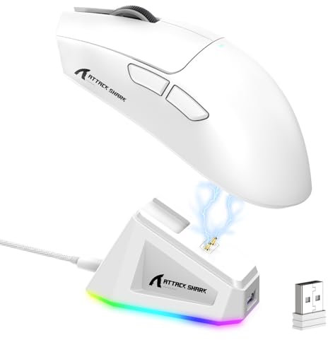 LexonElec x ATTACK SHARK X11 Mouse da Gioco Wireless con Dock di Ricarica Magnetico RGB, Sensore PixArt PAW3311, Leggero 59g Mouse da Gioco Tri-Mode, Cablate/2.4G/BT, Fino a 22K DPI per PC/Mac-Bianco