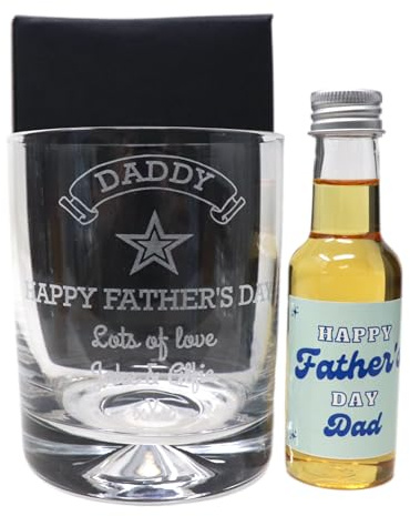 Regalo Personalised Fathers Day Design Glass Tumbler & Green Fathers Day Design Miniature Alcohol Bottle (Amaretto/Cardboard Gift Box)