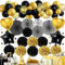 Premium Schwarz Gold Partydeko - Papier Fächer, Pompons, Luftballon, Hochzeit Party Deko, Geburtstag Party Deko, Happy Birthday Dekoration, Abschlussfeier, Partydeko für Mädchen Junge