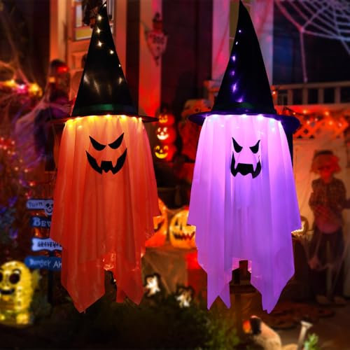 Halloween Deko Outdoor Gruselig- 2 Stück Hängende Geister Hexe Hut Halloween LED Lichterket Dekoration Batterie Leuchtender Hexenhut Halloween licht Deko für Innen Außen Bäume Hof Party Garten Deko