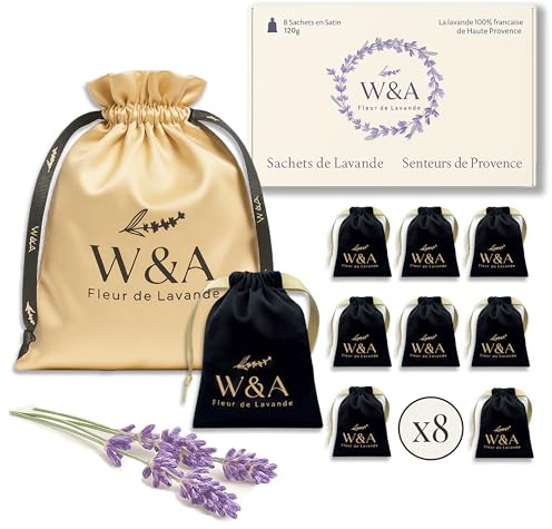 Bolsitas de Lavanda Perfumada en Satén (8 u) para Armario | Antipolilla Natural | Lavanda Francesa de Provenza | Caja Regalo + Bolsa Reutilizable – 120 g (Negro Dorado)