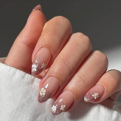 Ceboic 24Pcs Almond Press on Nails Medium, Silver Glitter Nude French Tip False Nails with Flower Design, Reusable Fake Nails Full Cover Glue on Nail Acrylic French Manicure Kit for Women Girls