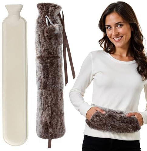 LKH Long Hot Water Bottle with Cover - 2L Extra Long Hot Water Bottle with Faux Fur Washable Cover, Pom Poms - 72CM HotWater Bottle for All Kinds of Pain Relief - Gifts for Women