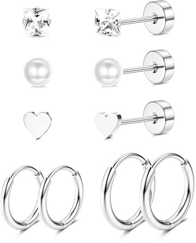 JeweBella 5 Paar G23 Titan Ohrringe Damen Medizinische Ohrstecker Creolen | Hypoallergen Titan Ohrstecker Creolen Set, Gesundheitsstecker Ohrringe Set Damen Herren,Knorpel Piercing Ohr Silber/Gold