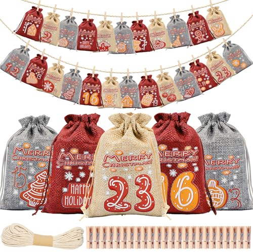 Stoff Adventskalender zum Befüllen 2025 Kinder, Adventskalender zum Selber Befüllen Stoff Weihnachten Säckchen, DIY 24 Tüten Weihnachtskalender Säckchen mit Holzklammern, Für Weihnachten Basteln (A)