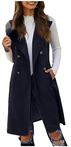 Ladies Front Open Sleeveless Long Duster Coat Waistcoat Blazer Business Office Work Open Front Long Waistcoat Stylish Crepe Pocket Jacket Coat Plus Size UK Size