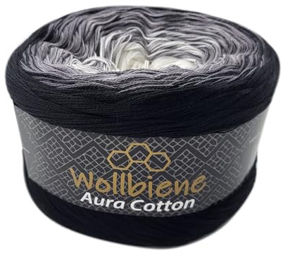 Wollbiene Farbverlaufsgarn 200g - 800m - 4 Fädig Bobbel Strickwolle Häkeln Bobbel Wolle Farbverlauf, 100% Baumwolle, Strickwolle Mehrfarbig (801 schwarz grau weiß)