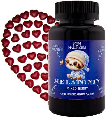 Hallingers Genuss Manufaktur gut schlafen Gummies Geschenk - 60 vegane Vitaminherzen Mixed Berry Melatonin hochdosiert, 0,5 mg pro Herz Melatonin, Faul..., Geschenkidee für Kinder