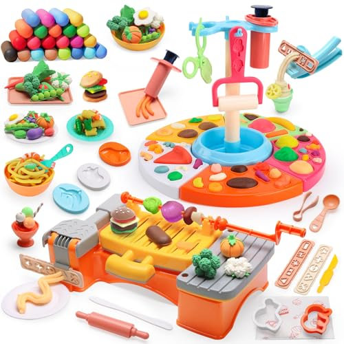 Crelloci Pizza & BBQ Play Color Dough Set, Fun Kitchen Creations Dough Toy with Grill, Pizza Maker, Tools and Dough Sets for Kids 4-5 (24 Dough)