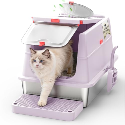 Stainless Steel Cat Litter Tray, Metal,Removable Flip Cover & Enclosed High-Sided Designs, XXL Cat Toilet | Odor Control | Anti-Leakage | Durable | Non-Stick Surface | with Scoop,Pedal (Lavender)