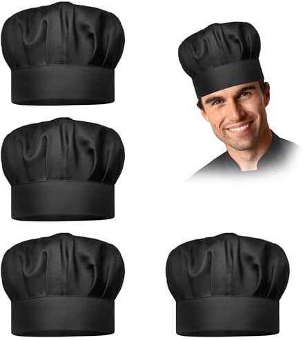 JGCJGG 4 Piezas Gorro Cocinero, Gorro Chef, Gorro de Cocina Mujer, Gorro de Cocina Unisex, para Uso en Cocinas Domésticas de Señoras y Caballeros Restaurantes Gourmet (Negro)