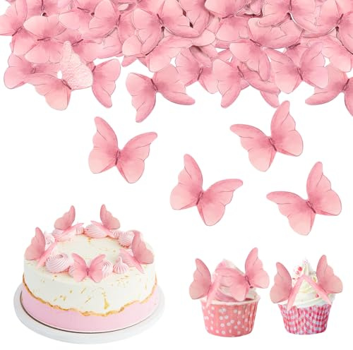 48 Stück Schmetterling Tortendeko Essbar, Essbare Schmetterlinge für Torte, Esspapier Tortendeko,Essbare Cupcake Toppers,Kuchen Deko Mädchen für Hochzeiten, Geburtstage, Partys（Rosa ）