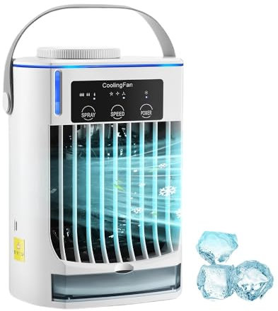 Portable Air Conditioner, 4 in 1 USB Personal Air Cooler, 90° Oscillating 3 Speeds Desktop Fan with Water Mist Spray (White)