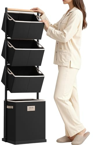 SOLEDI 4 Section Laundry Hamper Sorter, Stackable Laundry Basket Organizer with Removable Basket, 125L 4-Tier Vertical Laundry Sorter for Small Space, Laundry Room, Dorm, Bathroom, Wardrobe Black