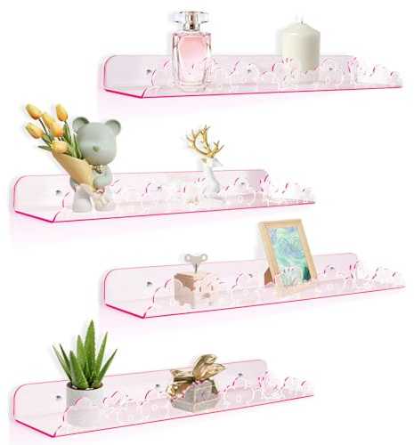 alldomess Acryl Wandregal Ohne Bohren,Schweberegal 4 Stück 40cm für Kinder,Foto und Dekorationen, Hängend zum Küchenregal,Badezimmer,Wohnzimmer,Kinderzimmer,Rosa Schmetterlinge