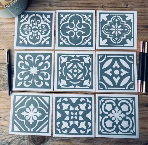 Lot de 9 Mini Pochoirs Adhésifs en PVC, Motif Carrelage, Faïence, Carreau de Ciment, 10 x 10 cm. Multi-supports, pour Rénovation & Customisation, Cuisine, Salle de Bain, WC (pochoirsdeco.fr)
