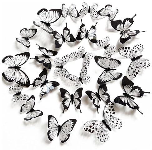 FUFUQUARE 12 Stücke Simulierte Schmetterling Wandtattoo 3D Schwarz-Weiß Wandaufkleber Vinyl Abnehmbare Wandsticker für Kinder Kinderzimmer Wohnzimmer Schlafzimmer Hausdekor