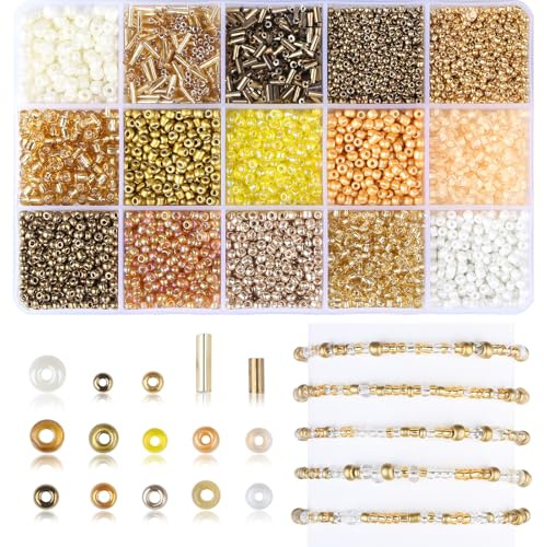 Gold Seed Beads Embroidery Beads Kit Gold Glass Beads for Jewelry Making | Tube Beads 15 Colour Small Beads for Crafting 4mm 3mm 2mm Bead