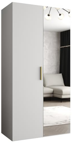 MEBLE KRYSPOL - Kleiderschrank - Garderobenschrank - 100 cm x 202 x 52 cm - Schrank mit Kleiderstange und Spiegel, 2 Türen - für Schlafzimmer, Flur - BARI, Weiß, Griff Gold