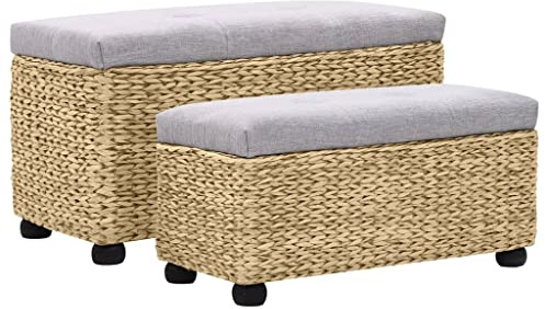 Mhdvray Sitzbank-Set 2-TLG. Seegras Truhenbank mit Stauraum 85 x 40 x 45 cm & 76 x 32 x 35 cm Grau Massive Pappelholz-Füße Modernes Design für Flur Wohnzimmer Schlafzimmer Balkon