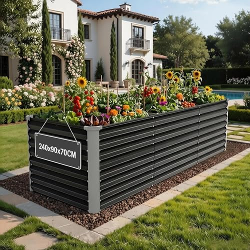 DWVO Hochbeet verzinktem Stahlblech, Outdoor Hochbeet,Pflanzkübel für den Außenbereich mit Sicherheitsrand für den Garten mit Stützstange Handschuhen für Gemüse(grau 240 * 90 * 70cm)