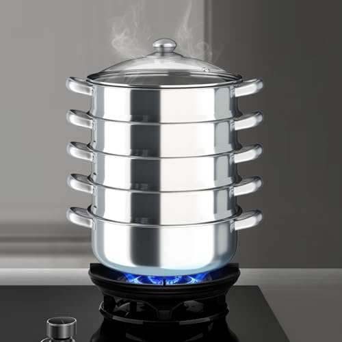 Vaporera de acero inoxidable de 30 cm, 5 capas, vaporizador de sopa de diseño poroso, vaporera de carne y verduras para la cocina del hogar, tapa de cristal de 32 x 40 cm, olla de vapor para cocinar