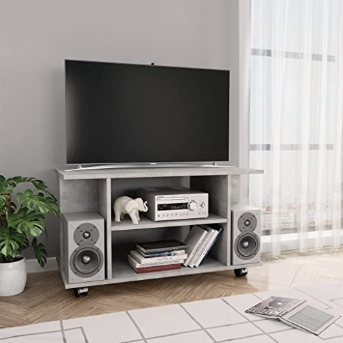 Aglomerado resistente con ruedas giratorias Diseño moderno 4 estantes Gris | Mueble TV con ruedas madera gris hormigón 80x40x45 armario 4 estantes para salón dormitorio