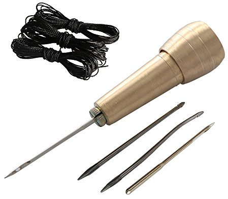 Copper Handle 4 Needles Sewing Awl Hand Stitcher Shoe Repair Tool Kit with 9m Nylon Cord Thread for DIY Sewing Repairing Canvas Leather (Gold +Black)