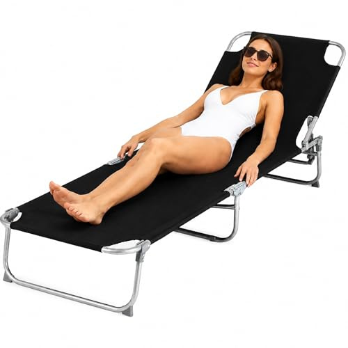LIVIVO Folding Sun Loungers for Garden - Lightweight Foldable Sun Lounger with Adjustable Back and Leg Rests & UV Resistant Sun Beds Garden Sunlounger, Reclining Sunbed, Sunbathing Chair - Black