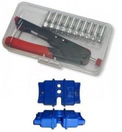 Kompressionszange mit 20x F-Stecker inkl. Abisolierer fuer Koaxkabel Mini Blau