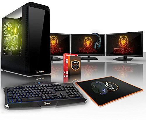 Fierce VIPER Gaming PC Pacchetto - Veloce 4.2GHz Hex-Core AMD Ryzen 5 2600X, 240GB SSD, 1TB HDD, 16GB, NVIDIA GeForce GTX 1660 Ti 6GB, Tastiera (QWERTY), Mouse, 3x 24-Pollici Monitor, Headset 404806