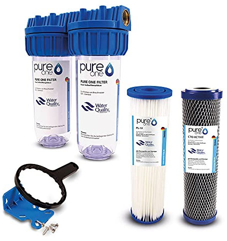 PureOne SA2 SediActive-Set. 2-Stufige Filteranlage 10 Zoll. Sediment, Chlor, Schadstoffe und Geschmack. Filtergehäuse mit Membran- und Kokos-Aktivkohle Filterkartusche. Hauswasser, Zisterne 1 Zoll