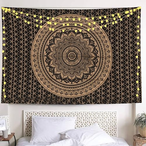 THE ART BOX Indie Wandteppich Baumwolle Mandala Wandbehang Deko Teppich Aesthetic Room Decor Dekoration Wandtuch/Strandtuch Wohnzimmer Indische Tücher Schlafzimmer, Gold und Schwarz, 210x230 Cm