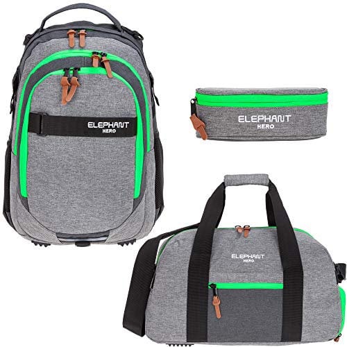 3 Teile Set Elephant Schulrucksack Hero Signature Rucksack + Sporttasche + Mäppchen 12723 (Two Tone Green (grau/grün))